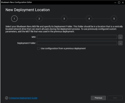 Skærmbilledet Ny implementeringsplacering i Bluebeam Revu-konfigurationseditor