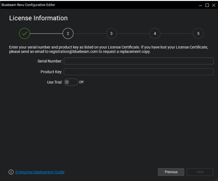 Licensoplysningsskærm for Bluebeam Revu-konfigurationseditor