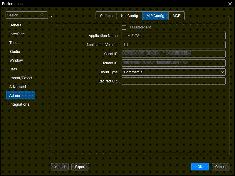 Fanen Revu 21 MIP-konfiguration i Revu-indstillingerne, efter du har valgt Administrator.