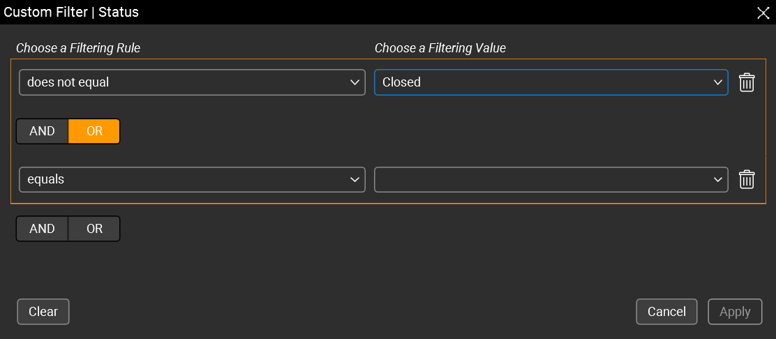 This image shows the Custom Filter dialog box with the "or" condition.