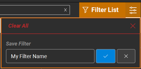 This image shows where on the Custom Filter dialog box to enter a filter name to save it.