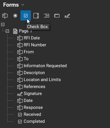 Revu Forms panel with check box option selected
