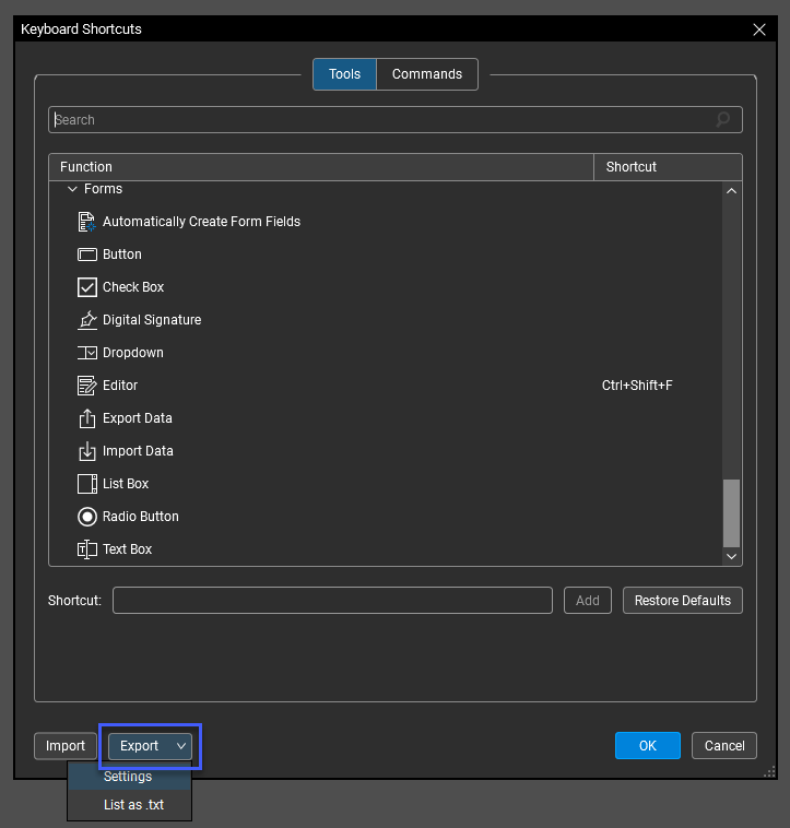 Keyboard Shortcuts Dialog