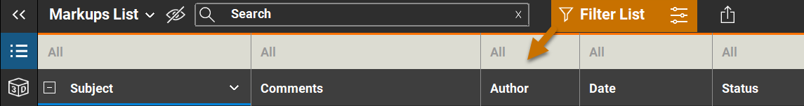 This image shows how the filter row appearing above the Markups List when active. 