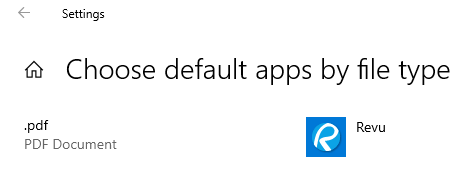 Pantalla de configuración del navegador Chrome que muestra Revu como la aplicación predeterminada seleccionada para archivos PDF