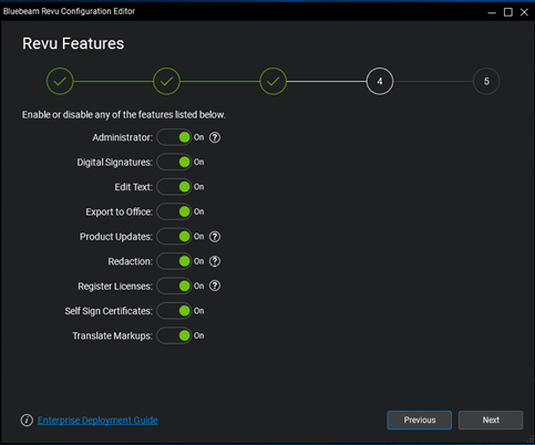 Écran Fonctionnalités – Éditeur de configuration Bluebeam Revu