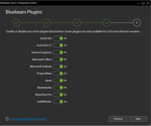 Écran Plugins Bluebeam – Éditeur de configuration Bluebeam Revu