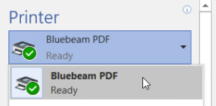 Der PDF-Drucker von Bluebeam im Drop-down-Menü „Drucker“