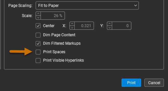 Printer dialog box showing Print Spaces unchecked. 