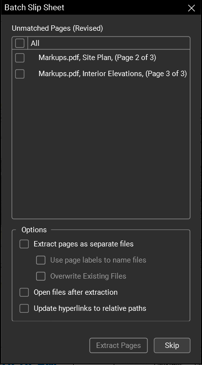 Unmatched Pages Options