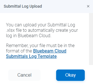 Submittal Log Upload pop-up