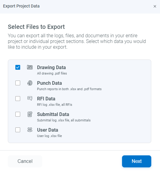 Export drawing data in Bluebeam Cloud