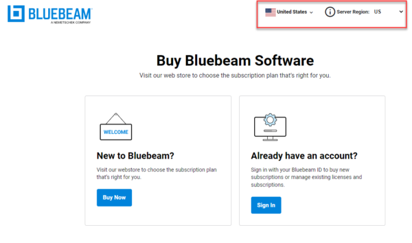 Bluebeam Webstore regions