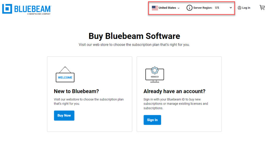 rullgardinsmenyer för plats och serverregion i Bluebeams webbshop