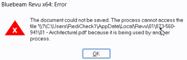 Revu 21 document could not be saved error windows alert